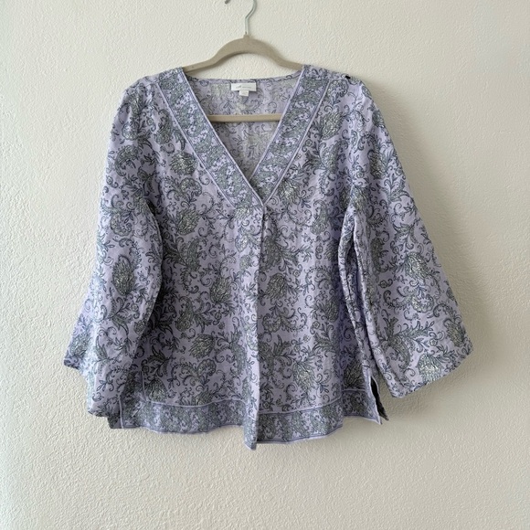 J. Jill Love Linen Purple Paisley Boho Popover Blouse Border Print Boxy Sz Large - Picture 3 of 11